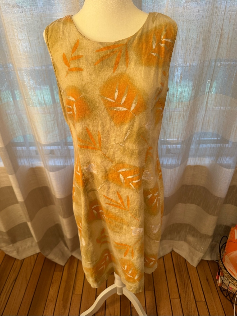 Vintage 90s Expressions Cream-Base Midi Dress with Orange Leaf Pattern
